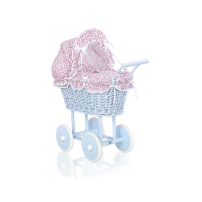 Landau Poussette de Poupée en Osier Rose Bleu Fleurs