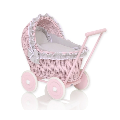 Landau Poussette de Poupée en Osier Rose Gris