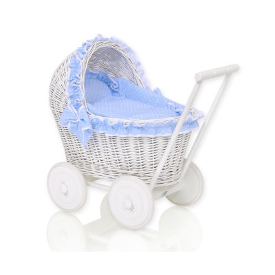 Landau-poussette pour Poupée en Osier Blanc Bleu à Pois