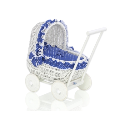 Landau-poussette pour Poupée en Osier Blanc Bleu Marine à Pois
