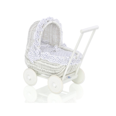 Landau-poussette pour Poupée en Osier Blanc Bleu Marine à Pois