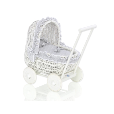 Landau-poussette pour Poupée en Osier Blanc Gris à Pois