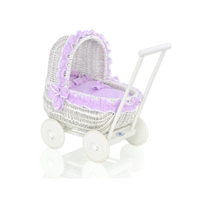 Landau-poussette pour Poupée en Osier Blanc Lila à Pois