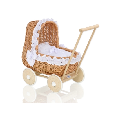 Landau Poussettes Poupée en Osier Naturel Blanc