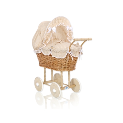 Landau Poussettes Poupée en Osier Naturel Blanc Beige à Pois