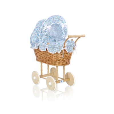 Landau Poussettes Poupée en Rotin Naturel Bleu Fleurs