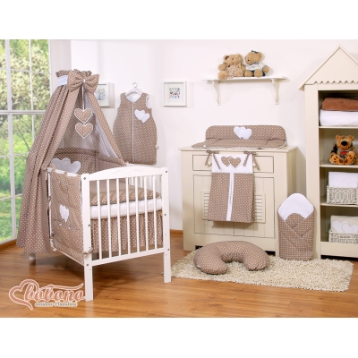Linge de Lit Bébé Parure 11 pcs avec Ciel Brun à Pois Cœurs