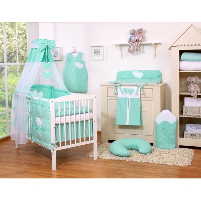 Linge de Lit Bébé Parure 11 pcs avec Ciel Menthe Cœurs