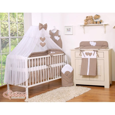 Linge de Lit Bébé Parure 11 pcs avec Moustiquaire Brun à Pois Cœurs
