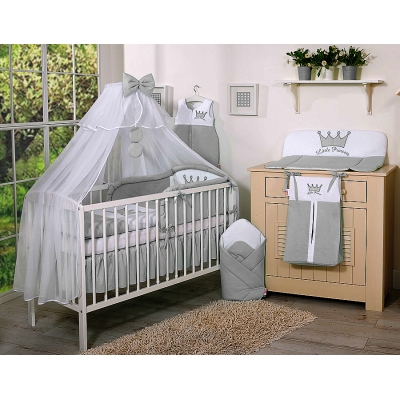 Linge de Lit Bébé Parure 11 pcs avec Moustiquaire Gris Prince / Princess