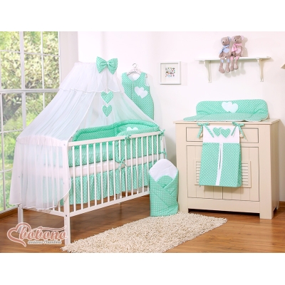 Linge de Lit Bébé Parure 11 pcs avec Moustiquaire Menthe à Pois Cœurs