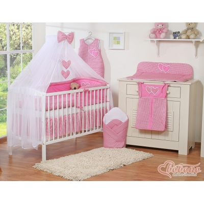 Linge de Lit Bébé Parure 11 pcs avec Moustiquaire Rose à Carreaux Cœurs