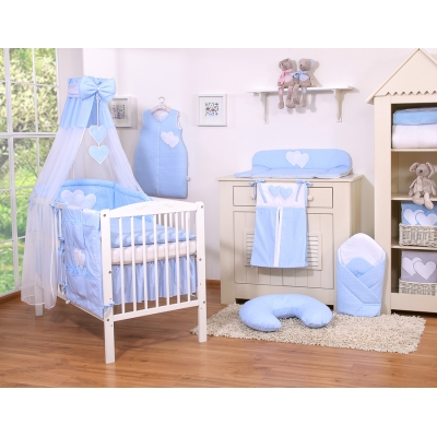 Linge de Lit Bébé Parure 11 pcs  Ciel Bleu à Pois Cœurs