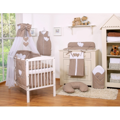 Linge de Lit Bébé Parure 11 pcs  Ciel Brun à Pois Cœurs