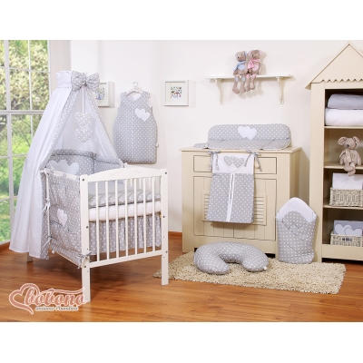 Linge de Lit Bébé Parure 11 pcs  Ciel Gris à Pois Cœurs
