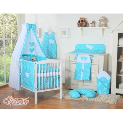 Linge de Lit Bébé Parure 11 pcs  Ciel Turquoise à Pois Cœurs