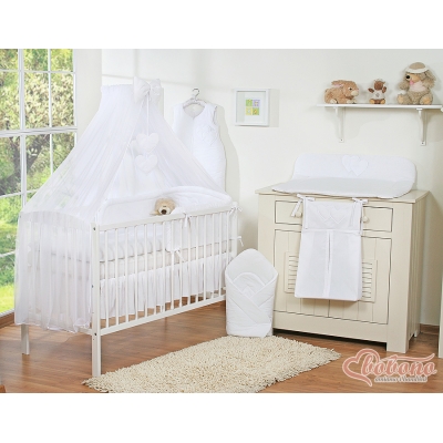 Linge de Lit Bébé Parure 11 pcs  Moustiquaire Blanc Cœurs