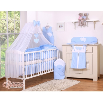 Linge de Lit Bébé Parure 11 pcs  Moustiquaire Bleu à Pois Cœurs