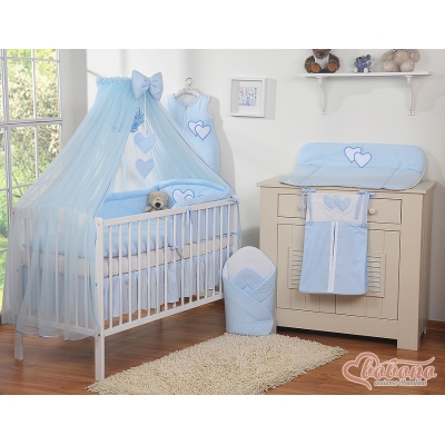 Linge de Lit Bébé Parure 11 pcs  Moustiquaire Bleu Cœurs