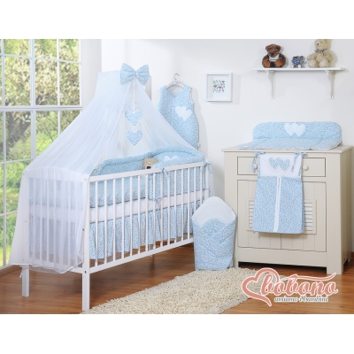 Linge de Lit Bébé Parure 11 pcs  Moustiquaire Bleu Fleurs Cœurs