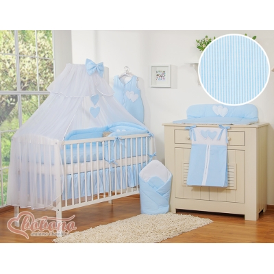 Linge de Lit Bébé Parure 11 pcs  Moustiquaire Bleu Rayures Cœurs