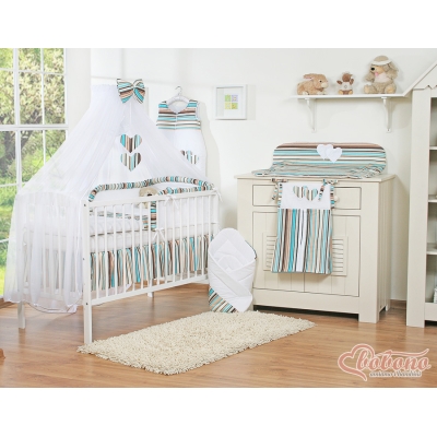 Linge de Lit Bébé Parure 11 pcs  Moustiquaire Brun Rayures Cœurs