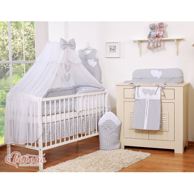 Linge de Lit Bébé Parure 11 pcs  Moustiquaire Gris à Pois Cœurs