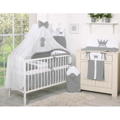 Linge de Lit Bébé Parure 11 pcs Moustiquaire Gris Anthracite Broderie Little Prince Princess