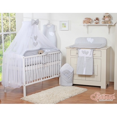 Linge de Lit Bébé Parure 11 pcs  Moustiquaire Gris Cœurs