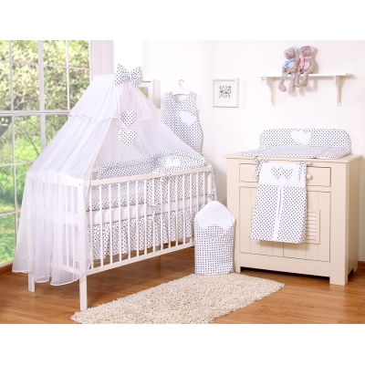 Linge de Lit Bébé Parure 11 pcs  Moustiquaire Noir à Pois Cœurs