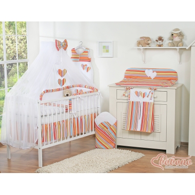 Linge de Lit Bébé Parure 11 pcs  Moustiquaire Orange Rayures Cœurs