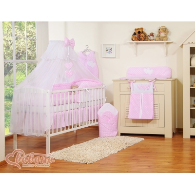 Linge de Lit Bébé Parure 11 pcs  Moustiquaire Rose à Pois Cœurs