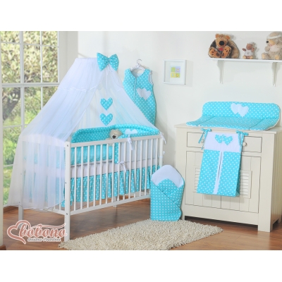 Linge de Lit Bébé Parure 11 pcs  Moustiquaire Turquoise à Pois Cœurs