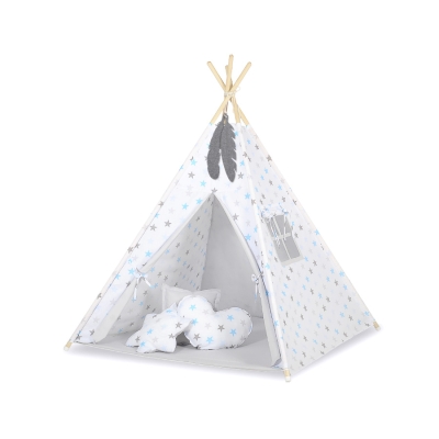 Méga Lot: Tente de Tipi + Tapis de Jeu + Oreillers + Plumes Gris Bleu étoiles