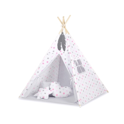 Méga Lot: Tente de Tipi + Tapis de Jeu + Oreillers + Plumes Rose Gris étoiles