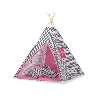 Méga Lot: Tente de Tipi + Tapis de Jeu + Oreillers + Plumes Rose Noir Chevron