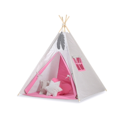 Méga Lot: Tipi pour Enfant avec Tapis de Jeu et Oreillers Rose Gris à Carreaux