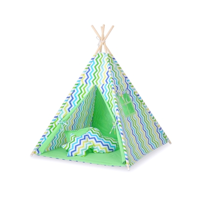 Méga Set: Tipi pour Enfant avec Tapis de Jeu et Oreillers Vert Bleu Chevron