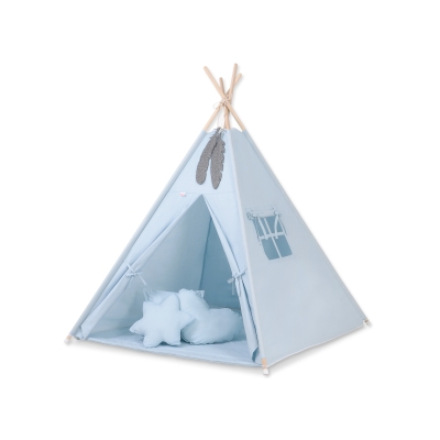 Méga Set: Tipi pour Enfant avec Tapis de Sol et Oreillers + Plumes Bleu
