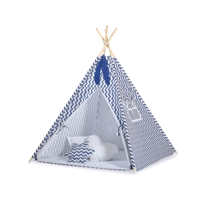 Méga Set: Tipi pour Enfant avec Tapis de Sol et Oreillers + Plumes Bleu Foncé Chevron