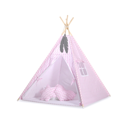 Méga Set: Tipi pour Enfant avec Tapis de Sol et Oreillers + Plumes Rose Chevron