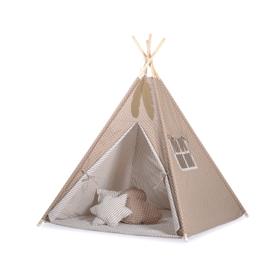 Mini Lot: Tente de Tipi + Tapis de Jeu + Plumes Décoratives Brun Beige à Pois