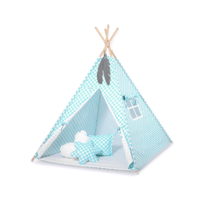 Mini Lot: Tipi pour Enfant avec Tapis de Jeu et Plumes Décoratives Turquoise