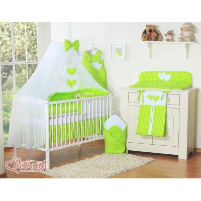 Parure de Linge  Lit Bébé 11 pcs  Moustiquaire Vert à Pois Cœurs