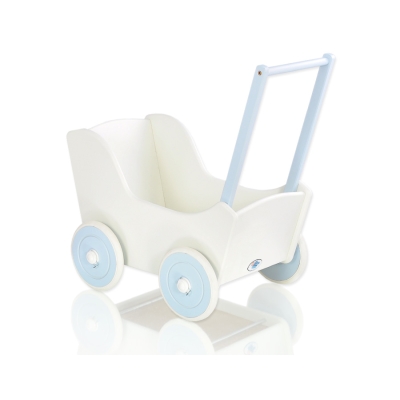 Poussette de Poupée en Bois  Blanc Bleu