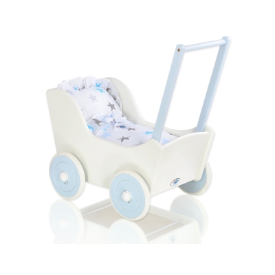 Poussette de Poupée en Bois  Blanc Bleu