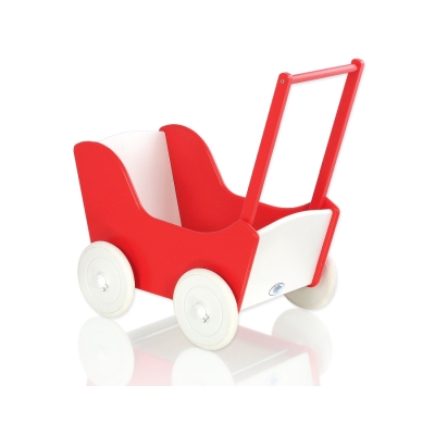 Poussette de Poupée en Bois  Blanc Rouge