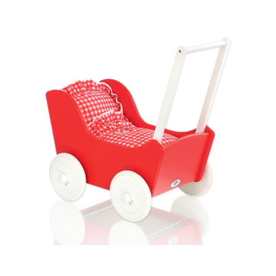 Poussette de Poupée en Bois  Blanc Rouge
