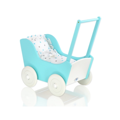 Poussette de Poupée en Bois  Blanc Turquoise