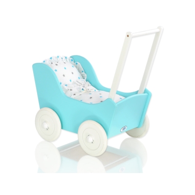 Poussette de Poupée en Bois  Blanc Turquoise